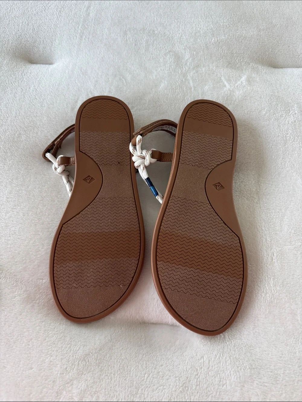 Sperry Brown Sandals with White Braided Rope T-Strap and Blue Accent - Picture 2 of 4